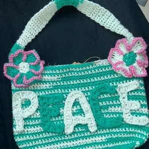 Handmade Crochet Peace Bag - Green and White